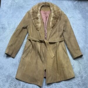 Vintage Retro Leather Jacket‎ Women's S Brown Faux Fur Collar 70's Belted *SPOTS